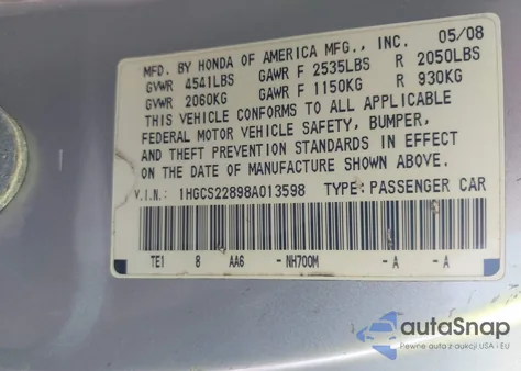 2008 Honda Accord 3.5 Ex-L from USA, damaged, VIN 1HGCS22898A013598